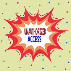Writing note showing Unauthorized Access. Business concept for use of a computer or network without permission Asymmetrical uneven shaped pattern object multicolour design