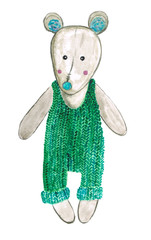 Little mouse in green sweater. Watercolor. Illustration