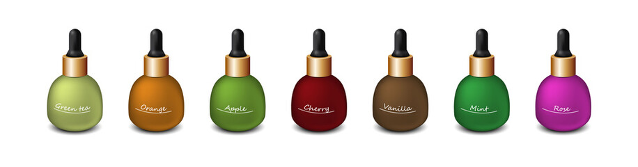 Set of bright bottles with spices and oils.