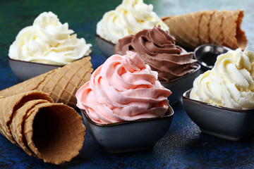 soft ice cream in flavor vanilla, chocolate and strawberry. Delicous creamy refreshing ice cream