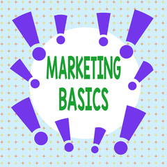 Text sign showing Marketing Basics. Business photo showcasing activities a company takes to promote and sell products Asymmetrical uneven shaped format pattern object outline multicolour design