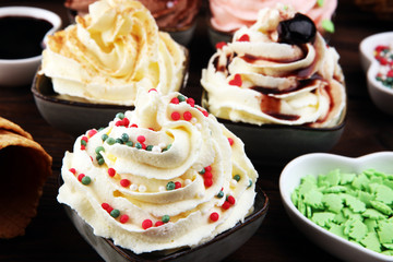 soft ice cream in flavor vanilla, chocolate and strawberry. Delicous creamy refreshing ice cream