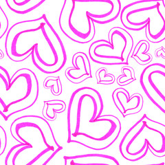 bright pink hearts seamless pattern. Hand drawn graphic doodles.  Children’s drawing. Valentine’s day.  Love and romance. For textile and wrapping paper