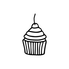 Doodle, hand drawn vector cupcake icon isolated on a white background.