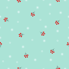 Seamless winter pattern. Random White snowflakes and red berries on blue background. Minimalistic Vector holiday illustration for wallpapers, wrapping paper, textile. Christmas and New Year Ornament