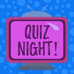 Word writing text Quiz Night. Business photo showcasing evening test knowledge competition between individuals Square rectangle old multicoloured painting television picture wood design