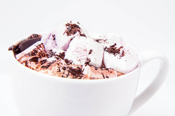 Cup of hot chocolate with marshmallows on a white background
