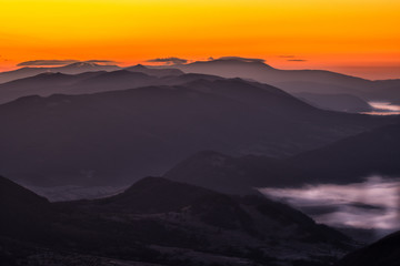 Awesone sunrise in the mountains. Bieszczady, the part of Carpathian Mountains. Poland.