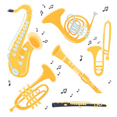 Musical brass Instruments collection. Jazz gold objects set. Trumpet and saxophone, trombone and flute, clarinet and French horn. Vector cartoon illustration. - obrazy, fototapety, plakaty
