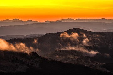 Fototapeta na wymiar Awesone sunrise in the mountains. Bieszczady, the part of Carpathian Mountains. Poland.