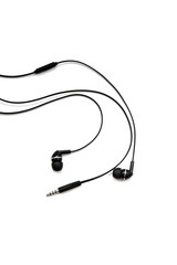 Vacuum wired black headphones for listening music and sound on portable devices. Earphones headset on a white background. In-ear headphones. Ear plugs for music lovers.