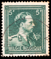Postage stamp printed in Belgium shows King Leopold III Type "Open Collar" serie