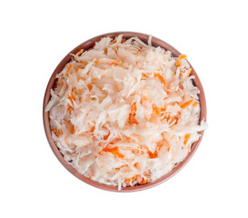 sauerkraut in a clay plate top view isolated on a white background