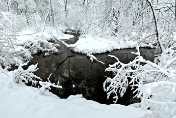 Stream in park in northern Virginia after snowfall