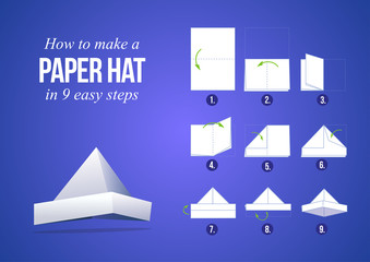 Instructions how to make a paper hat in 9 steps with purple background, DIY (do it yourself)