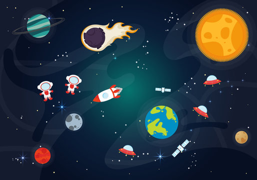 Vector Illustration Of Space. Space flat vector background with rocket, spaceship, moon, Jupiter, satellite, astronaut, planets and stars