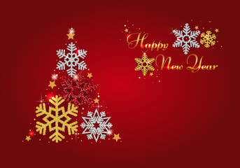 Christmas background with Shining Snowflakes. Christmas Greeting Card and Happy New Year Invitation. Christmas tree background with shining red snowflakes, stars. Vector illustration