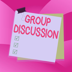 Handwriting text writing Group Discussion. Conceptual photo gather either formally or informally to bring up ideas Paper stuck binder clip colorful background reminder memo office supply