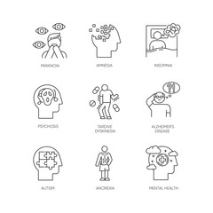 Mental disorder linear icons set. Paranoia, psychosis. Tardive dyskinesia. Alzheimer disease. Autism. Anorexia. Thin line contour symbols. Isolated vector outline illustrations. Editable stroke