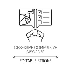 Obsessive-compulsive disorder linear icon. Thinking under pressure. Perfectionist. Mental health issues. Thin line illustration. Contour symbol. Vector isolated outline drawing. Editable stroke