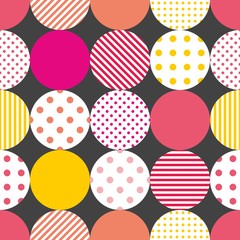 Tile patchwork vector pattern with pastel polka dots and stripes on black background