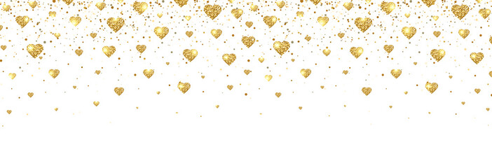 Gold glitter heart confetti border. Bright glitter particles for luxury greeting card. Sparkling texture. Valentines day design. Star dust. Vector illustration