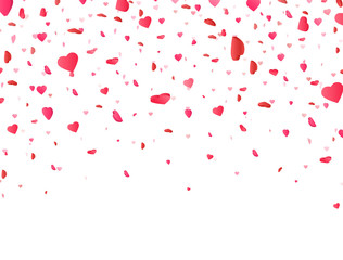 Heart confetti falling on white background. Valentines Day background with 3d pink and red hearts. Color confetti for greeting cards. Vector illustration