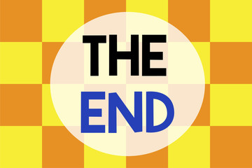 Writing note showing The End. Business concept for Final part of play relationship event movie act Finish Conclusion Background combination two colors squares Seamless texture pattern