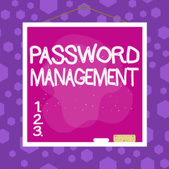 Writing note showing Password Management. Business concept for software used to help users better analysisage passwords Asymmetrical uneven shaped pattern object multicolour design