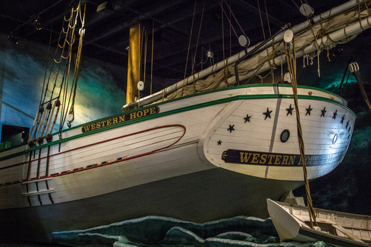 Alpena, Michigan, USA - October 11, 2019: Replica of a historic wooden Great Lakes Schooner at the Great Lakes Maritime Heritage Center Museum in Alpena Michigan. The museum features interactive exhib
