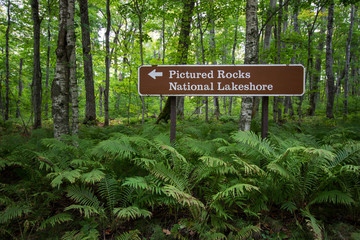 Sign pointing the way for the Pictured Rocks National Lakeshore in the Upper Peninsula of Michigan.