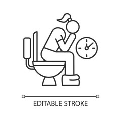 Constipation linear icon. Menstruation pain. Period problem. Girl in lavatory. Digestive tract problem. Thin line illustration. Contour symbol. Vector isolated outline drawing. Editable stroke