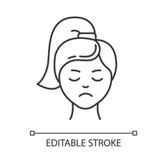 Sadness linear icon. Unhappy expression. Low mood. Emotionally drained girl. Loneliness and solitude. Thin line illustration. Contour symbol. Vector isolated outline drawing. Editable stroke