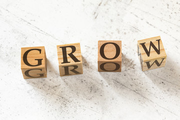 Four wooden cubes with word GROW on white working board.
