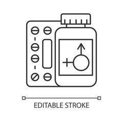 Hormone replacement therapy linear icon. Medication for female health. Pharmaceutical product in bottle. Thin line illustration. Contour symbol. Vector isolated outline drawing. Editable stroke