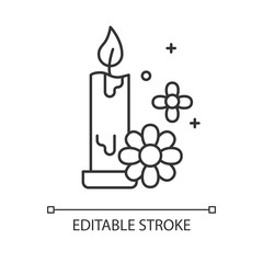 Aromatherapy linear icon. Floral scented candle. Perfumed air freshener. Spa product for meditation. Thin line illustration. Contour symbol. Vector isolated outline drawing. Editable stroke