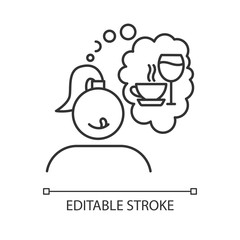 Alcohol and coffee craving linear icon. Thirsty woman. Woman thinking of wine. Unhealthy eating habit. Thin line illustration. Contour symbol. Vector isolated outline drawing. Editable stroke