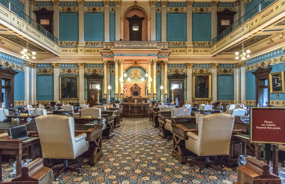 Lansing, Michigan, USA - March 14, 2019: The Senate Chambers for the state of Michigan lawmakers at the capitol building in downtown Lansing. 