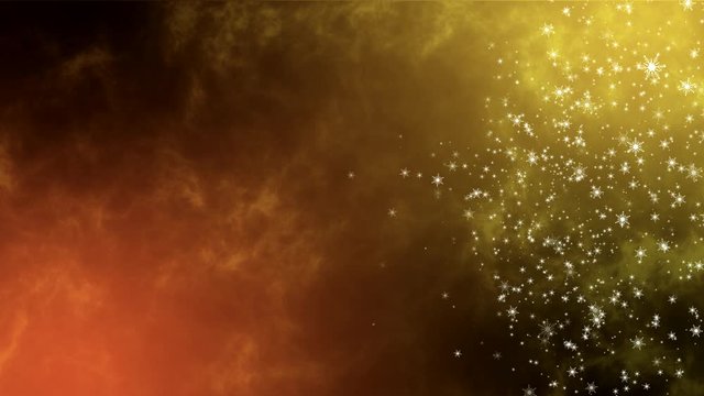 Abstract yellow and coral orange background of moving snowflakes, looped animation