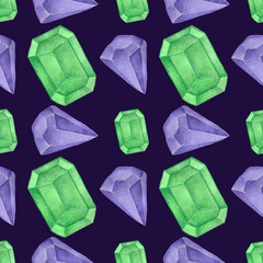 watercolor illustration Seamless pattern green purple gems on purple background