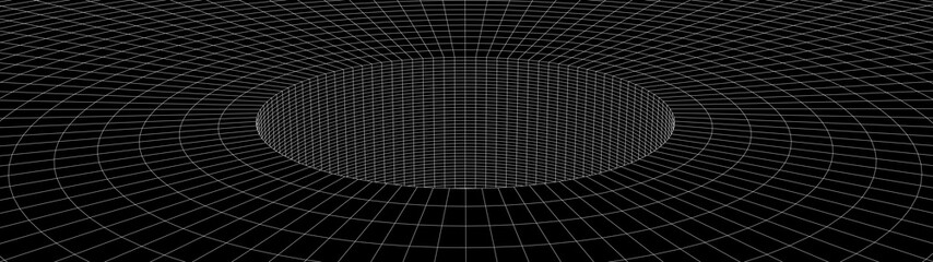 Vortex. Vector perspective curved grid. Wireframe abstract tunnel. 3D vector wormhole with a mesh structure.