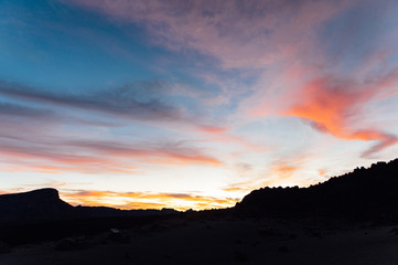 camera movement over the tops of the mountains with a beautiful sunset