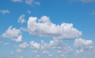 Beautiful white cumulus clouds slowly floating against a clear blue sky