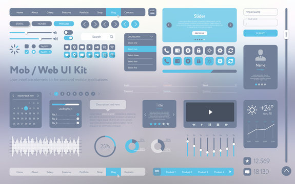 UI UX kit for mobile applications and web sites. Universal user interface template. Responsive design, tools and buttons, flat menu icons and control elements on color grey background.