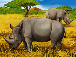cartoon safari scene with rhino rhinoceros family on the meadow eating - illustration for children