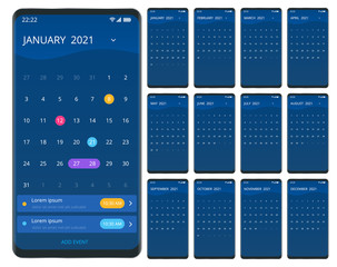 2021 Calendar, Print Template with Place for Photo, Your Logo and Text. Week Starts Sunday. Portrait Orientation. Set of 12 Months. Planner for 2021 Year.