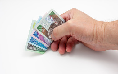 Polish banknotes held in a hand