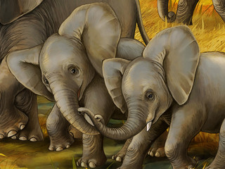 cartoon scene with elephant family safari illustration for children