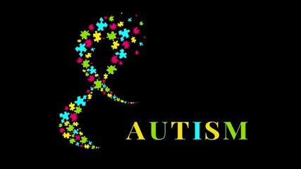 Autism awareness animation with a ribbon made of puzzle pieces. Social interaction and communication disorder. Solidarity symbol. Medical motion graphics with alpha channel - Powered by Adobe