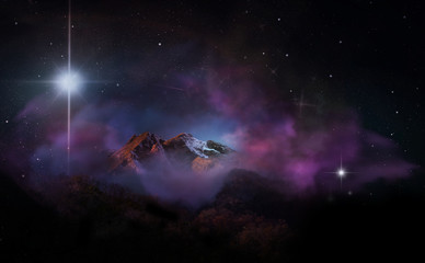 surreal landscape with mountain in the starry night